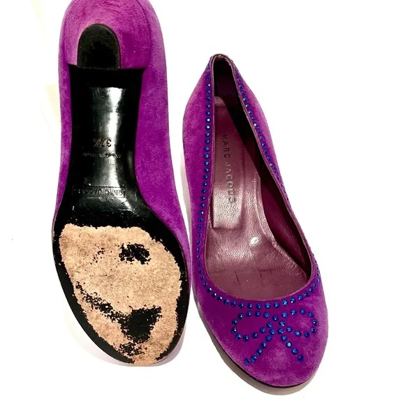 MARC JACOBS Purple Suede w Blue Stud Bow Accents 1.5” Heels | EUC | Size  37.5 - Picture 6 of 7